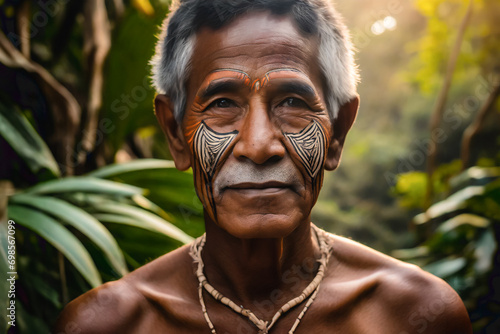 Portrait of an indigenous man with his face painted with tribal motifs in the jungle