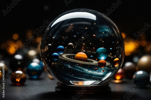 A transparent glass ball inside which reflects the solar system with rotating planets, stars and galaxies. Concept of life development, space exploration, cosmonautics day. AI generated