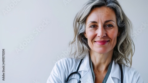 Portrait of mature doctor smiling on white background. Female professional is wearing lab coat. Confident medical practitioner is with stethoscope