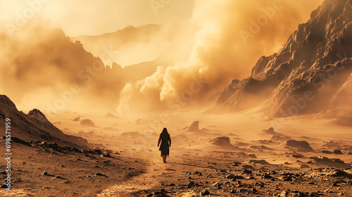 A lone figure walks through a dramatic, otherworldly desert landscape bathed in golden light, suggestive of solitude and exploration
