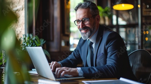 Smiling mature adult businessman executive sitting at desk using laptop. Happy busy professional middle aged businessman ceo manager working on computer