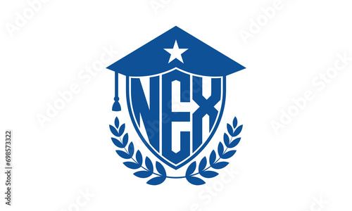 NEX three letter iconic academic logo design vector template. monogram, abstract, school, college, university, graduation cap symbol logo, shield, model, institute, educational, coaching canter, tech