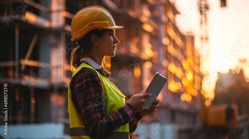 woman engineer with tablet standing on construction site, working