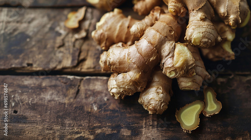 Ginger root on a wooden background, top view