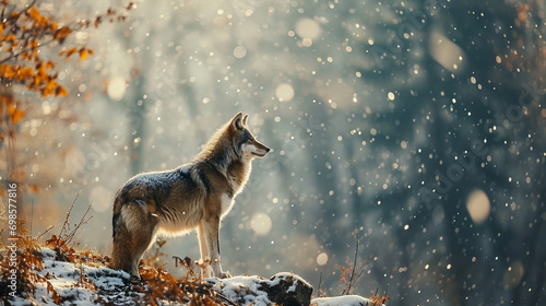 Lone wolf standing on hill with bokeh snow falling, AI Generated