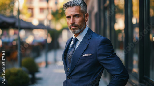 Middle-aged businessman in tailored navy-blue suit, AI Generated