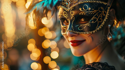 Woman wearing masquerade mask, Her smile adding beauty to her mysterious allure, AI Generated