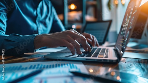 accountant examines a financial statement on a computer using a graph. Auditing the balance sheet