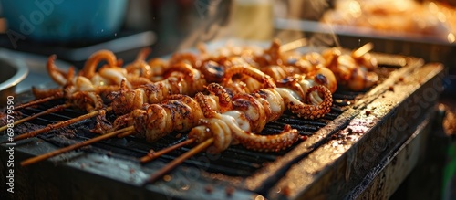 Thai street food: skewered squid cooked on stove.