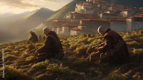 monks plant potatoes in the garden, against the backdrop of the monastery and mountains