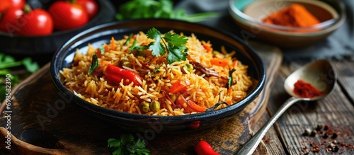 Indian Street Food called Tawa Pulao is prepared with basmati rice, vegetables, and spices, with emphasis on detail.