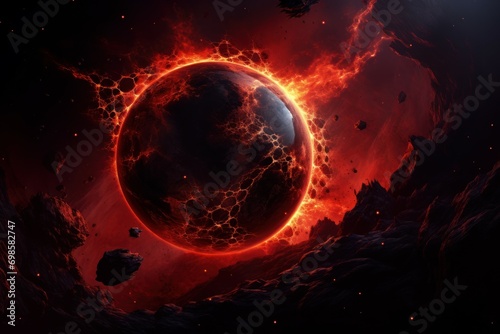 Fiery Lava planet in space. Alien volcano. Generate Ai