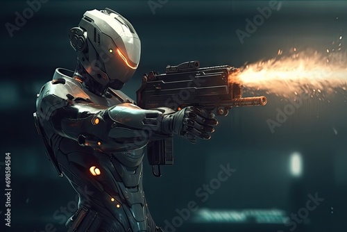 scifi gaming character futuristic suit aiming weapon,shooting gun,illustration