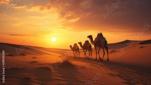 Camel in the desert on sunset background. AI generated.