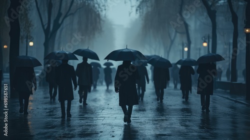 Gloomy people walk with umbrellas. AI generated.