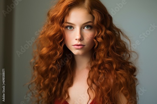 Fiery Long curly red hair girl. Fashion person studio photo shot. Generate Ai