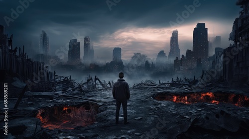 Post apocalyptic abandoned city in ruins. Lonely person silhouette. AI generated.