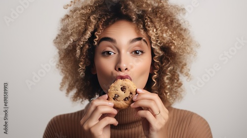 Tasty Vice. Woman Savoring Unhealthy Chocolate-Infused Cookie. Caloric Delight. Woman Nibbles on Unhealthy Chocolate Chip Cookie. This kind of snack is bad for your health
