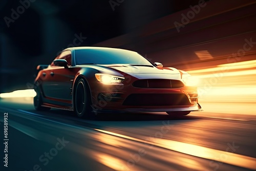 Sports car driving fast speed city road motion blur effect Sublime image