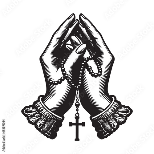 Praying woman Hands with rosary cross. Vintage black engraving illustration. Monochrome vector icon. Isolated and cut out