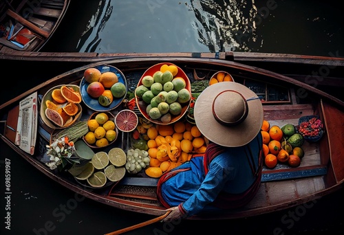 brisk trade from boats fruits to floating market. Generative AI