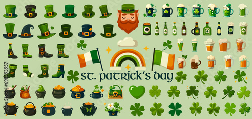 Mega set of Happy St. Patrick's Day elements with Hats, green clovers, shamrocks, mugs with beer, coins pots and Leprechaun Boots isolated on a light green backdrop. EPS 10.