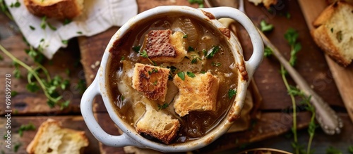 Healthier French onion soup with reduced fat and plain croutons, viewed from above.