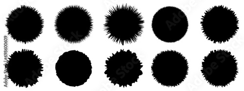 Set of torn paper frames. Jagged round shape silhouettes collection. Black grunge elements. Vector Papers isolated on white background.