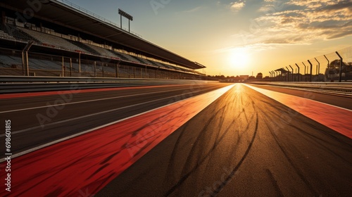 Race track, empty asphalt road with tire tracks. on sunrise. Motorway for competition. Concept of motor sport, racing, competition.