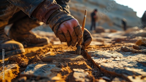 A portrait photo with a focus on the hands of a paleontologist using a brush to dust off ancient human skeletal remains 