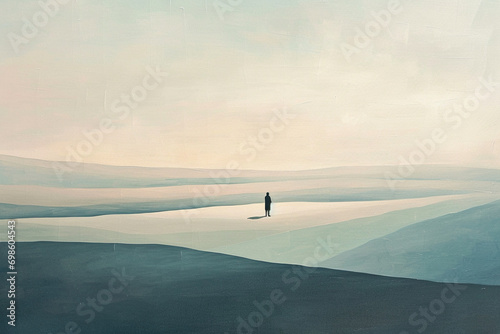 Image painting the palette of solitude through minimalism, featuring sparse lines, muted colors, and a solitary subject, inviting viewers to explore the tranquil landscapes that un