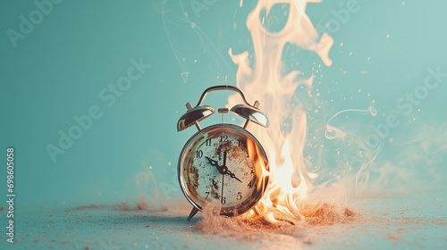  burning retro alarm clock on a pastel background, as a metaphor for time that is running out