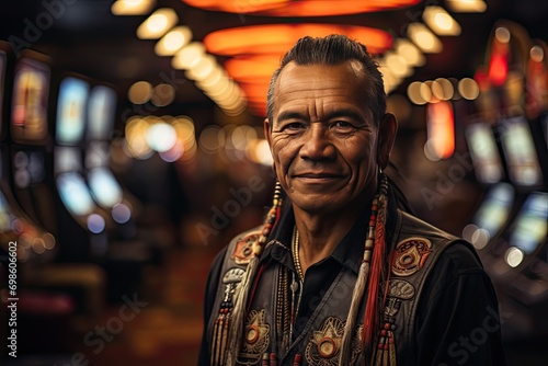 Portrait of a Native American inside a Casino with slot machines in backgrounds