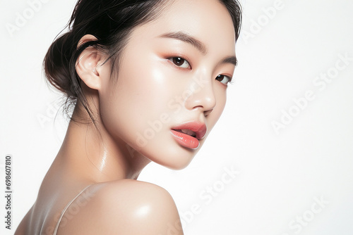 Beautiful portrait asian Korean woman makeup of cosmetic, beauty of happy girl with face smile attractive isolated on white background, perfect with wellness and healthcare concept.