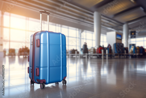 A blue suitcase sitting on the floor in an airport. Generative AI
