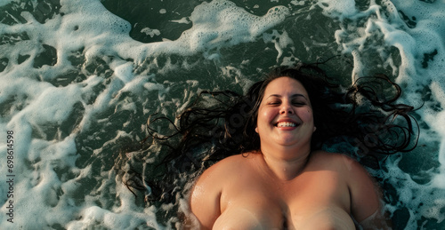 Beach Sun-Kissed Beauty. Stunning chubby woman basking in golden hour light, laying on water waves. Summer and relaxation concept