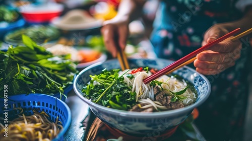 Vietnam's Flavorful Streets: Traditional Street Food, A Close-up Culinary Adventure, from the Fragrant Bowls of Phos, in Bustling Markets