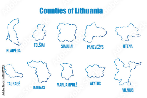 Counties of Lithuania set. Blue gradient isolated map collection. Simplified outline vector