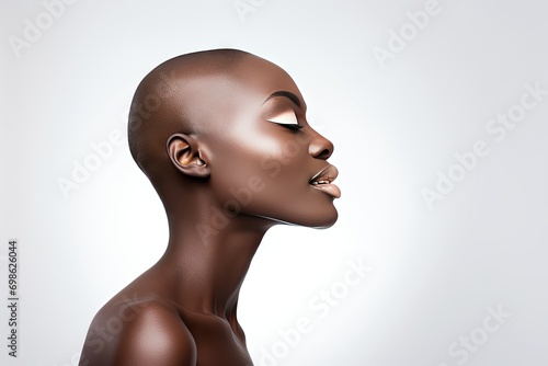 Bald Beauty black woman with Flawless Skin in Profile View
