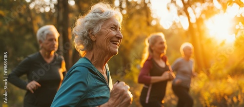 Energetic seniors engaging in exercise, joyfully pursuing outdoor activities for fitness, well-being, and enjoyment during retirement.