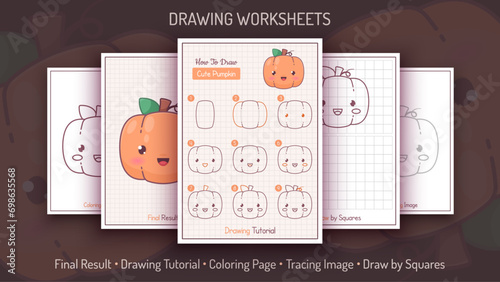 How to Draw a Pumpkin. Step by Step Drawing Tutorial. Draw Guide. Simple Instruction. Coloring Page. Worksheets for Kids and Adults