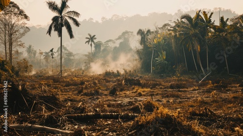 The aftermath of deforestation, with a smoky haze over a landscape stripped of trees, presumably for agricultural expansion or leather production.