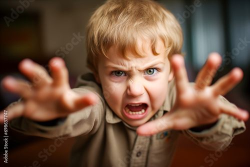 Angry irritated boy. Full of rage. Emotional portrait of an upset preteen boy screaming in anger. Requirements for parents. Wrong perception. Hysterics.