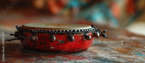 Ancient musical instrument: red tambourine.
