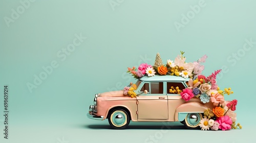 retro toy car delivering a bouquet of flowers on a pastel background. Postcard Valentine's Day. Flower delivery. March 8, International Women's Day and Mothers day.