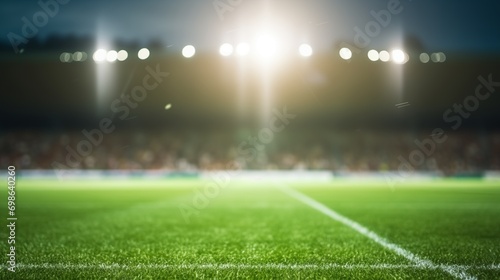 Green grass macro in sports arena with lights background. Close up of soccer field lines. Background soccer lawn grass football stadium ground view.