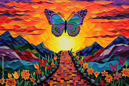 butterflies in a garden, representing mental health resilience, rebirth, transformation, freedom, metamorphosis, and positivity. Symbolic of overcoming obstacles and adversity.