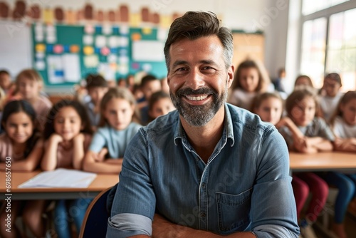 Smiling male teacher in a class at elementary school with learning students on background.