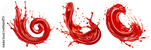 A set of ketchup spirals are cut out on a transparent background. A set of red ketchup scatters in different directions. Design element for insertion into a fast food advertising banner