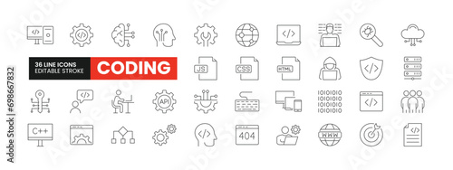 Set of 36 Programming and Coding line icons set. Coding outline icons with editable stroke collection. Includes Coding, Programmer, Website, Cloud Computing, Bug, and More.
